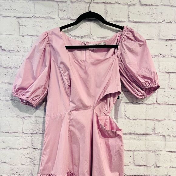 ASTR Size Large Square Neckline Side Cutout Puff Sleeve Mini Dress Short Sleeve - Picture 9 of 16